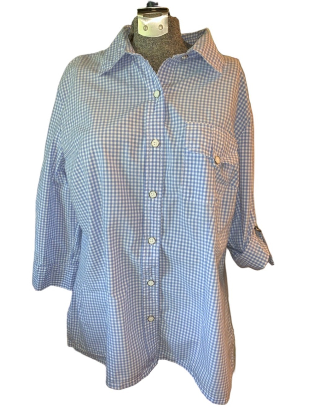 Women's KAREN SCOTT Blue White Gingham Button Down Shirt L